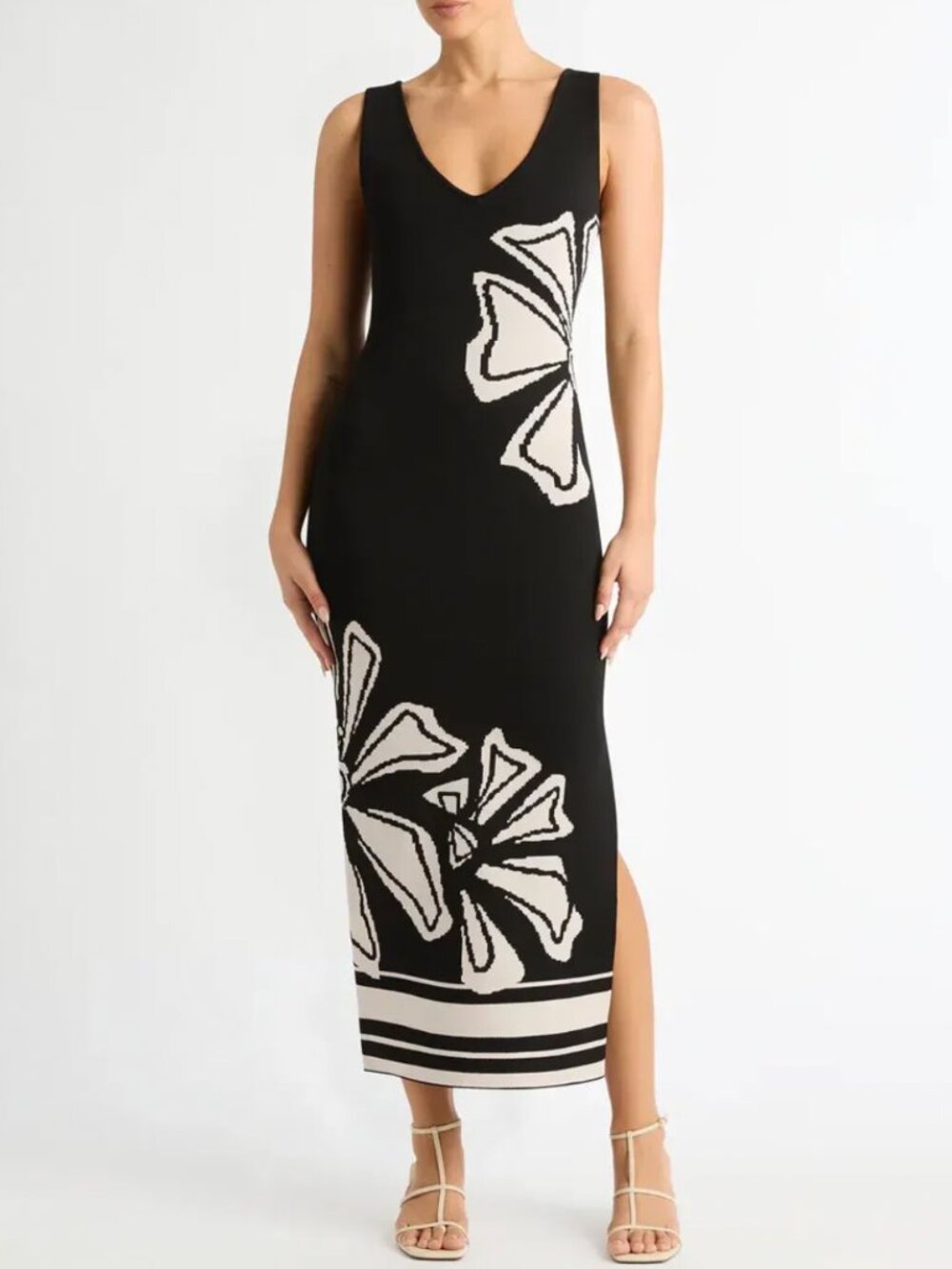 Sheike Calypso Knit Midi Dress US 4/6/8 Black Cream Floral
